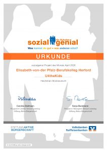 Urkunde für das Projekt U4theKids am Elisabeth-von-der-Pfalz-Berufskolleg als sozialgenial-Projekt des Monats der Stiftung Aktive Bürgerschaft